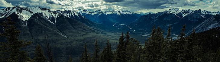планина, покрита със сняг, пейзаж, гора, планини, панорами, Банф, Национален парк Банф, Канада, HD тапет