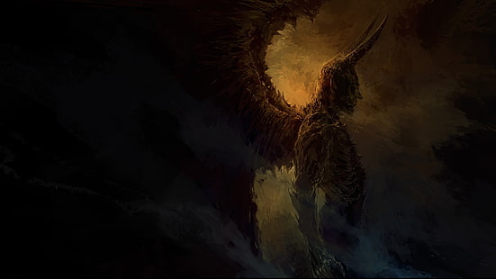 демон, рисунок, темнота, крылья, существо, цифровое искусство, дьявол, HD обои HD wallpaper