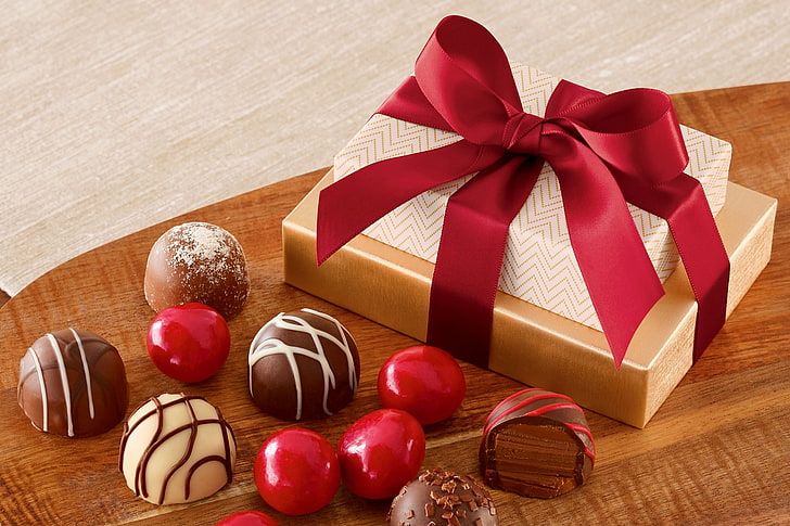 assorted chocolates with box, chocolate, candy, box, gift, ribbon, HD wallpaper