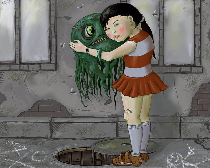 girl hugging green octopus digital wallpaper, figure, monster, girl, HD wallpaper