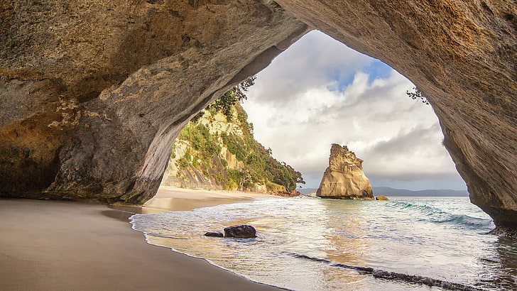 ocean, New Zealand, cathedral cove, beach, HD wallpaper