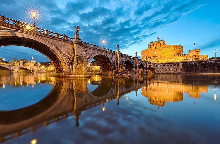 Мост святого ангела, Ватикан, коричневый мост, Рим, Италия, Ватикан, мост св. Анджело, Понте Сант-Анджело, город, ночь, река, HD обои