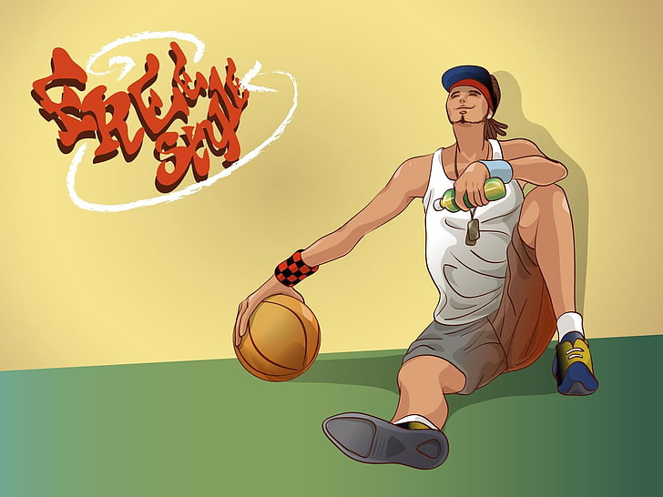 mężczyzna ubrany w biały podkoszulek i szare spodenki ilustracja, chłopiec, koszykówka, koszykarz, piłka, sport, Tapety HD