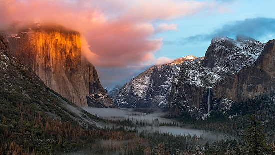 bergskedja, dimma, Yosemite Valley, Yosemite National Park, Cathedral Stones, El Capitan, snö, bergslandskap, morgon, träd, natur, Kalifornien, vinter, National Park, USA, moln, bergiga landformer, vildmark, berg, himmel, HD tapet HD wallpaper