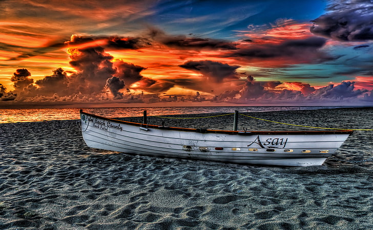 white canoe, sea, beach, the sky, clouds, landscape, sunset, nature, HD wallpaper