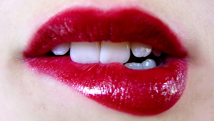 red lipstick, lips, teeth, makeup, lipstick, HD wallpaper