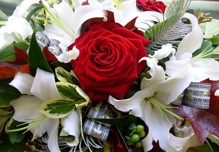 red rpses, roses, lilies, bouquet, decoration, ribbon, HD wallpaper