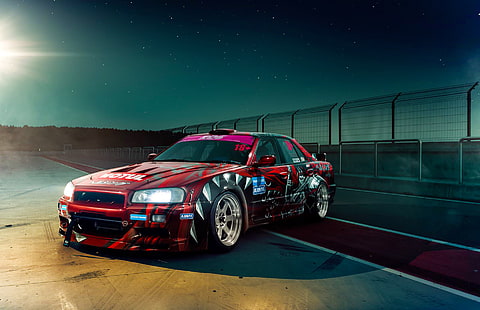 червен седан, GTR, Nissan, Drift, Car, Night, Skyline, R34, Track, Raceway, HD тапет HD wallpaper