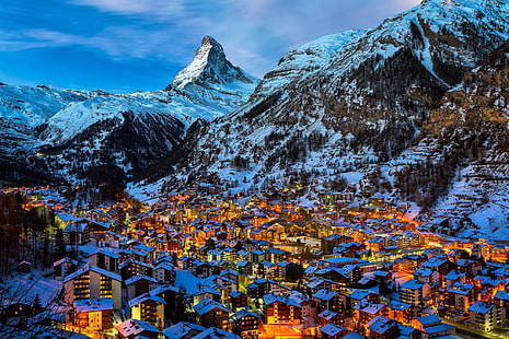 brązowo-niebieski budynek z betonu, Zermatt, śnieg, Alpy, Matterhorn, Tapety HD HD wallpaper
