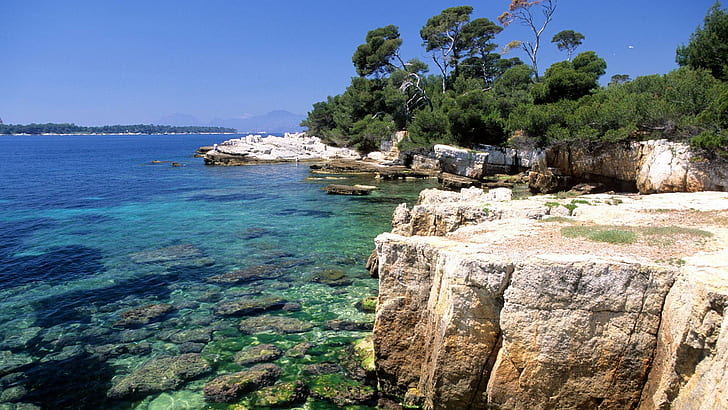 Cape Of Antibes Alpes-maritimes, france, nature, alpes maritimes, beautiful, rocks, water, trees, antibes, cape, 3d and abstra, HD wallpaper
