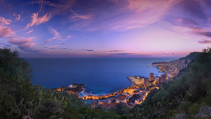 Ривиера, град, Монако, лилаво, слънце, набор, лилаво небе, Европа, изглед, панорама, Френска Ривиера, Монтекарло, Монте Карло, HD тапет