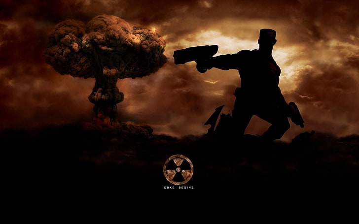 silhouette of man holding pistol wallpaper, duke nukem, sant john, pistol, explosion, clouds, HD wallpaper