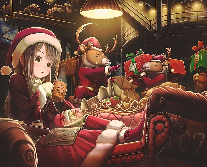 2つの赤と黒の車の座席、アニメ、サンタ帽子、クリスマス、プレゼント、 HDデスクトップの壁紙