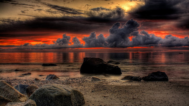 mer, rivage, horizon, coucher de soleil, plage, nuage, soir, Fond d'écran HD