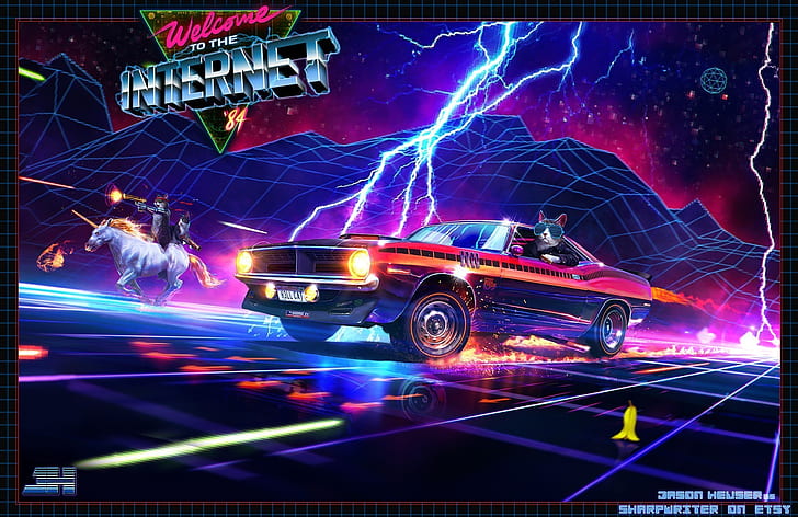 Mustang, Ford, Music, Neon, Machine, Cat, Weapons, Zipper, Unicorn, Ford Mustang, 1970, Electronic, Cats, Synthpop, Darkwave, Synth, Retrowave, Synth-pop, Sinti, Synthwave, Synth pop, Welcome to the Internet, Jason heuser, H3ll Cat, SharpWriter, HD wallpaper