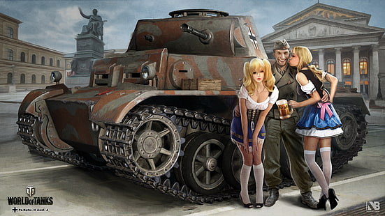 коричневый и серый боевой танк, город, девушки, фигура, легкий, пиво, площадь, арт, солдаты, памятник, кружка, танк, блондинка, официантки, униформа, дворец, немец, World of Tanks, Pz.Kpfw.II Ausf.J, Никита Боляков, HD обои HD wallpaper