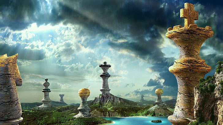 fantasy landscape, fantasy art, chess, sky, cloudy, HD wallpaper