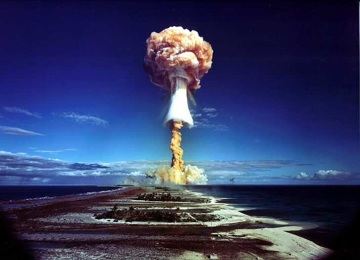 white clouds, nuclear, explosion, mushroom clouds, atolls, Bikini Atoll, sea, HD wallpaper