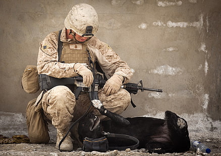 rifle de asalto negro, soldado, perro, animales, militar, casco, arma, Fondo de pantalla HD HD wallpaper