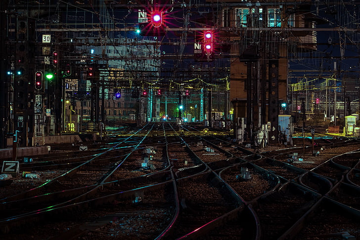 city, city lights, railway, rail yard, night, HD wallpaper