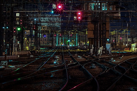 city, city lights, railway, rail yard, night, HD wallpaper HD wallpaper