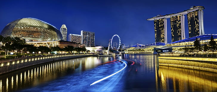 Marina Bay Sands Singapore, singapore, City of Gold, Marina Bay Singapore, a New Perspective, Marina Bay Sands, marina bay  singapore, photoshop, digital, montage, trail, lights, after dark, esplanade, tourism, attraction, night, blue hour, famous Place, architecture, cityscape, urban Skyline, urban Scene, modern, river, illuminated, reflection, city, dusk, bridge - Man Made Structure, built Structure, downtown District, building Exterior, HD wallpaper
