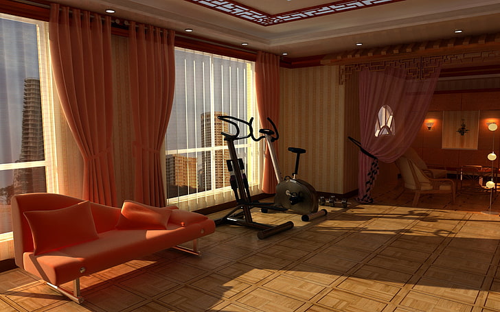 vélo elliptique gris et noir, design, style, salle, canapé, intérieur, appartement, le lieu du sport, entraîneur, le gymnase, Fond d'écran HD
