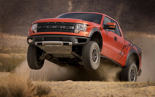 Ford Raptor Truck Jump Stop Action HD, red and black ford extended truck, cars, ford, action, jump, truck, stop, raptor, HD wallpaper HD wallpaper