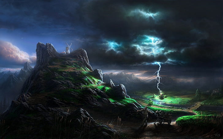 Lightning, Blow, Elements, Category, Person, Burro, Fright, Mills, Mountains, Painting, Art, HD wallpaper