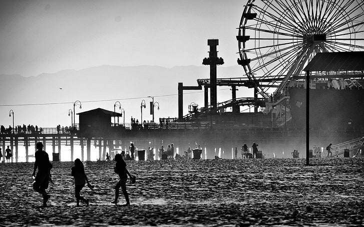 photography, beach, monochrome, pier, people, sand, HD wallpaper