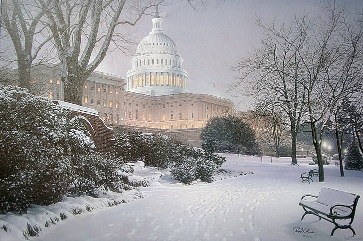white house illustration, winter, light, snow, Park, lighting, hill, lights, Washington, tree, USA, Capitol, painting, bench, evening, Rod Chase, Evening on the Hill, United States Capitol, meeting place, HD wallpaper