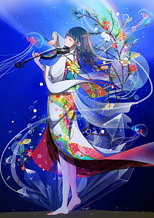 anime, anime girls, kimono, długie włosy, japońskie ubrania, Tapety HD HD wallpaper