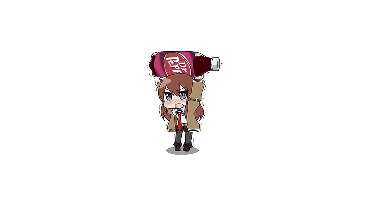animiertes Mädchen hält Dr. Pepper Flasche, Steins; Gate, Makise Kurisu, Anime-Mädchen, Dr. Pepper, HD-Hintergrundbild