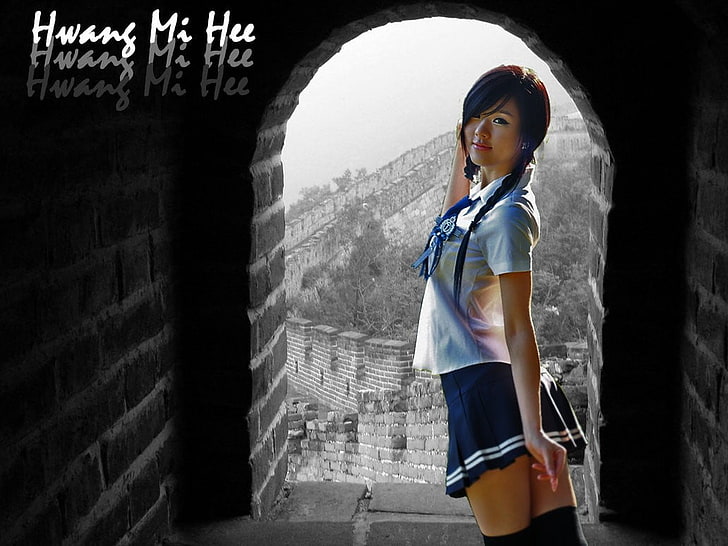 Hwang Mi Hee, азиатка, жени, фетиш, брюнетка, модел, униформа на ученичка, фотомонтаж, HD тапет