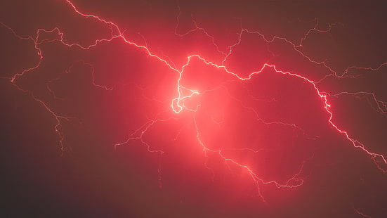 красная молния, красный, молния, небо, шторм, HD обои HD wallpaper