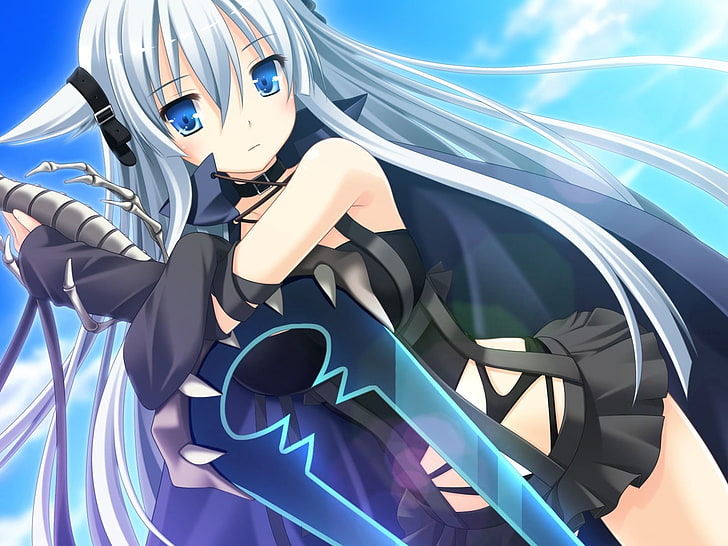 седой женский аниме персонаж иллюстрация, аниме, девушка, глаза, синий, оружие, небо, HD обои