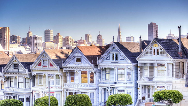 quatre maisons en bois blanches, maison, ville, bâtiment, quartier, San Francisco, Fond d'écran HD