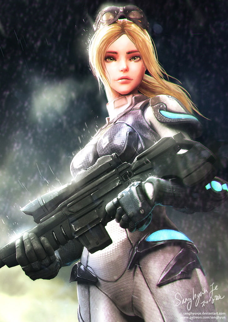 жена държи илюстрация на пушка, видео игри, Nova (Starcraft), герои на бурята, HD тапет, тапет за телефон