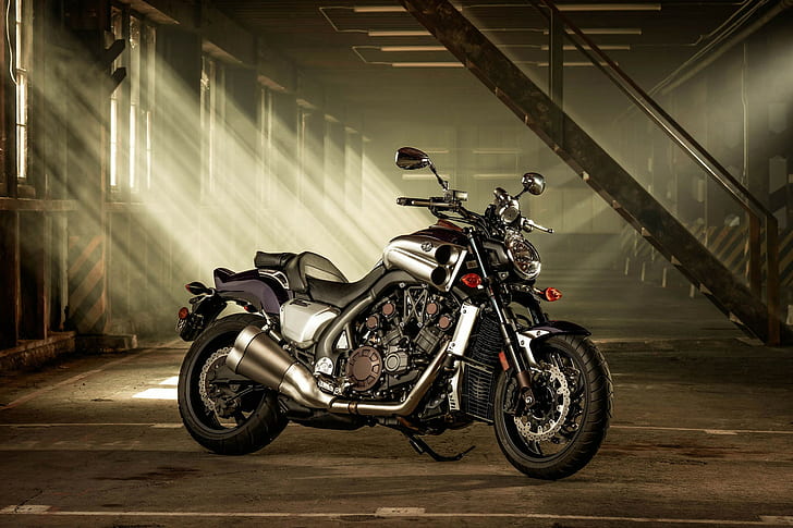Yamaha VMAX, VMX 2014, black and gray cruiser motorcycle, Yamaha VMAX, VMX 17.2014, garage, light, motorcycles, HD wallpaper