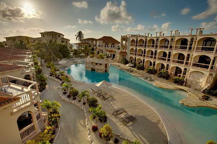 Belize, travel, Hotel, pool, booking, sunbed, San Pedro, resort, sun, sky, vacation, HD wallpaper