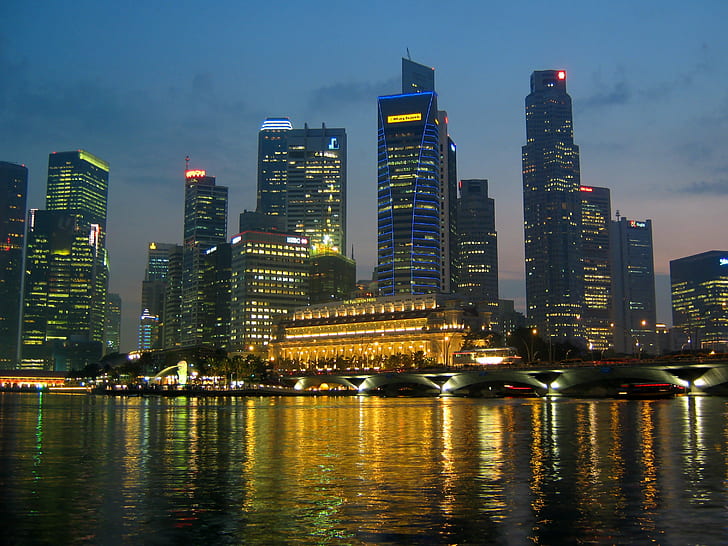 oświetlony pejzaż miejski w pobliżu akwenu, singapur, singapur, miasto, Skyline, Marina Bay, Singapur, pejzaż miejski, zbiornik wodny, noc wodna, azja południowo-wschodnia, nakasendō, zatoka rzeka, noc, miejski Skyline, wieżowiec, architektura, odbicie, centrum dzielnicy , Scena miejska, słynne miejsce, rzeka, zbudowany Struktura, Tapety HD