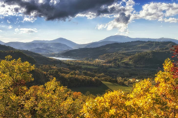 autumn, trees, mountains, lake, Italy, panorama, The Apennines, Marche, Apennines, Camerino, HD wallpaper