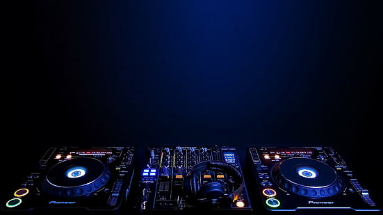 musik, headphone, teknologi, minimalis, latar belakang biru, mixer suara, pelopor (logo), Wallpaper HD HD wallpaper