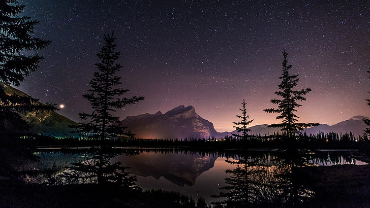 Алберта, Национален парк Банф, Канада, езеро, пейзаж, нощ, Северна Америка, отражение, Rundle, небе, космос, звезди, HD тапет