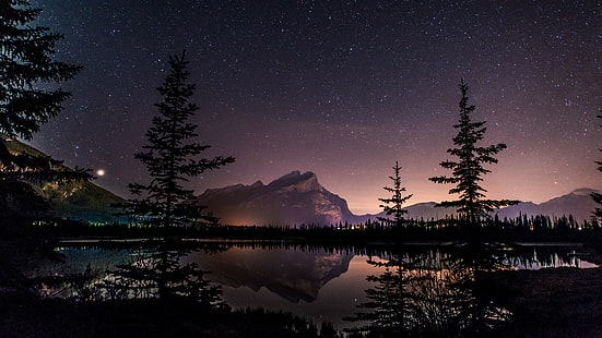 Alberta, Banff National Park, Canada, lake, landscape, night, North America, reflection, Rundle, sky, space, stars, HD wallpaper HD wallpaper