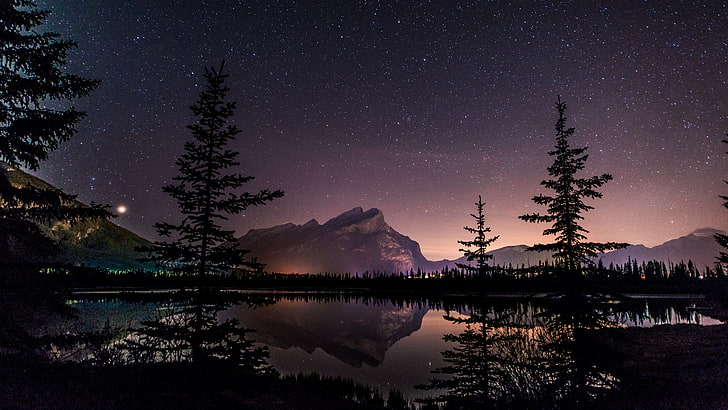 trees, mountains, and body of water wallpaper, North America, Canada, Alberta, Banff National Park, Rundle, sky, stars, night, space, landscape, lake, reflection, HD wallpaper