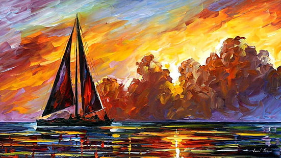 ilustraciones, pintura, veleros, mar, Leonid Afremov, Fondo de pantalla HD HD wallpaper