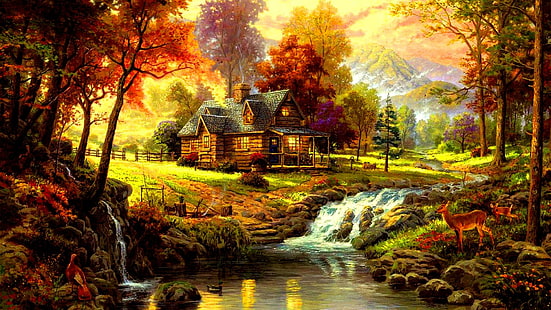paisaje, pintura, bosque, río, animales, casa, fantasía, Fondo de pantalla HD HD wallpaper
