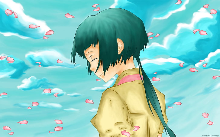 female animated character in beige shirt illustration, katekyou hitman reborn, girl, petals, sky, HD wallpaper