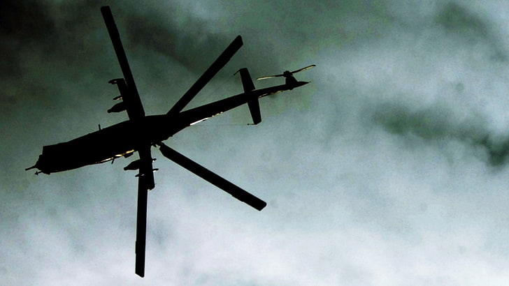 Helikoptery wojskowe, helikopter, sylwetka, niebo, Tapety HD
